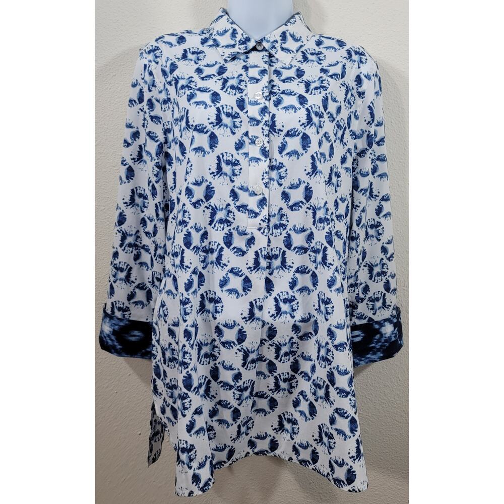 Chico's Blue Tie Dye Shells Henley No Iron Top 2 Large Lightweight New With Tags